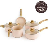 Kit Jogo De Panela 4 Peças Revestimento Cêramica Antiaderente Creme Linha Premium Creme 5 pçs Kit Jogo De Panela 4 Peças Revestimento Cêramica Antiaderente Creme Linha Premium Creme 5 pçs