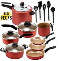 Kit Jogo de Panelas 13 Peça Completo Antiaderente Teflon Com Panela de Pressão 4,5L Cereja e Utensilio