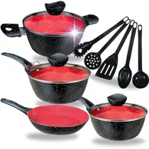 Kit Jogo de Panelas 9 Peças Indução Gás Revestido em Cerâmica Granito Antiaderente Frigideira Caçarola