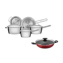 Kit - Jogo De Panelas Allegra 5 Pçs Inox + Panela Wok Alumínio Loreto 28cm Vermelha - Tramontina