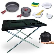 Kit Jogo de Panelas Camp 2 Ntk 7 Pecas + Mesa Multiuso Dobravel para Camping, Pesca e Trilha