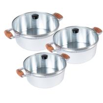 Kit Jogo De Panelas Cava Tamanho 16 18 e 20cm Alumínio Fundido Alça Madeira Com Tampa De Vidro Polido