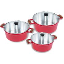 Kit Jogo De Panelas Cava Tamanho 16 18 e 20cm Alumínio Fundido Alça Madeira Com Tampa De Vidro Vermelho Kit Jogo De Panelas Cava Tamanho 16 18 e 20cm Alumínio Fundido Alça Madeira Com Tampa De Vidro Vermelho