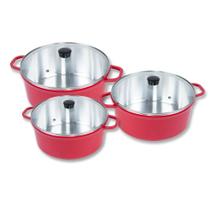 Kit Jogo De Panelas Cava Tamanho 18 20 e 22cm Alumínio Fundido Com Tampa De Vidro Vermelho