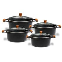 Kit Jogo De Panelas Grandes Antiaderente Cava Tamanho 22 24 28 e 32cm Alumínio Fundido Alça Madeira Com Tampa De Vidro Preto Pigmento Branco