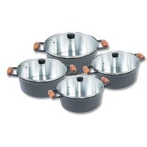 Kit Jogo De Panelas Grandes Cava Tamanho 22 24 28 e 32cm Alumínio Fundido Alça Madeira Com Tampa De Vidro Grafite Kit Jogo De Panelas Grandes Cava Tamanho 22 24 28 e 32cm Alumínio Fundido Alça Madeira Com Tampa De Vidro Grafite