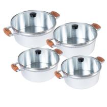 Kit Jogo De Panelas Grandes Cava Tamanho 22 24 28 e 32cm Alumínio Fundido Alça Madeira Com Tampa De Vidro Polido