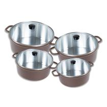 Kit Jogo De Panelas Grandes Cava Tamanho 22 24 28 e 32cm Alumínio Fundido Com Tampa De Vidro Chocolate