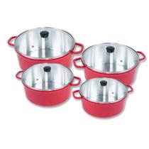 Kit Jogo De Panelas Grandes Cava Tamanho 22 24 28 e 32cm Alumínio Fundido Com Tampa De Vidro Vermelho