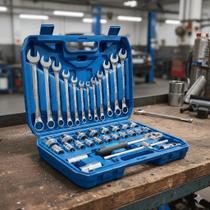 Kit Jogo de Soquetes e Chaves Combinadas 37 Peças com Catraca 1/2" em Maleta Rígida Aço Carbono Cromado para Manutenção