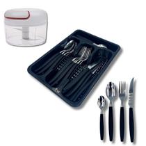 Kit Jogo De Talheres Faqueiro Aço Inox Com Gaveteiro - Preto e mini processador