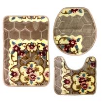 Kit Jogo De Tapetes 3 Peças Para Banheiro Floral Macio Bege Kit Jogo De Tapetes 3 Peças Para Banheiro Floral Macio Bege