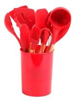 Kit Jogo De Utensílios 12 Peças Colheres Silicone Madeira