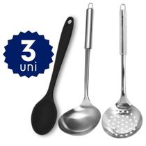 Kit Jogo de Utensílios de Cozinha em Inox e Colheres de Silicone Kit Jogo de Utensílios de Cozinha em Inox e Colheres de Silicone