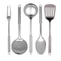 Kit Jogo de Utensílios de Inox com 5 pçs Colher Concha Espátula Vazada Garfo Escumadeira