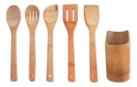 Kit jogo de utensilios em bambu p cozinha c suporte 06 peças