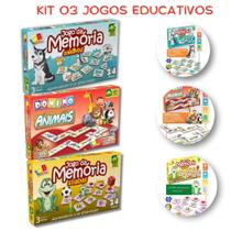 Kit Jogo Educativo Infantil Jogo da Memória e Dominó Aprendizado Animais 03 Jogos