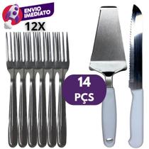 Kit Jogo Faca Pão E Espátula Cortar E Servir Bolo Cabo Branco E Garfo Sobremesa Aço Inox