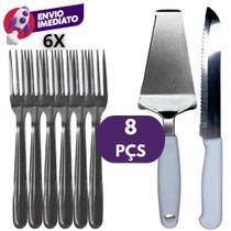 Kit Jogo Faca Pão E Espátula Cortar E Servir Bolo Cabo Branco E Garfo Sobremesa Aço Inox Kit Jogo Faca Pão E Espátula Cortar E Servir Bolo Cabo Branco E Garfo Sobremesa Aço Inox