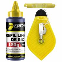 Kit Jogo Marcação 15m Linha de Giz C/ Refil 120g + Nível Bolha Azul ou Vermelho Fertak