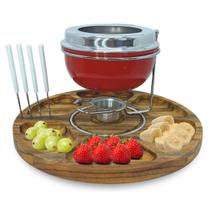 Kit Jogo Panela Fondue Doce Salgado Fundi 7 Peças Base Fogareiro Vermelho