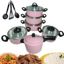 Kit Jogo Panelas Com Tampa De Vidro Pressão 4,5l talheres rosa bebê Kit Jogo Panelas Com Tampa De Vidro Pressão 4,5l talheres rosa bebê
