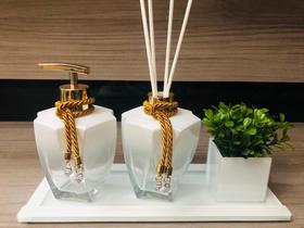 Kit Jogo Para Banheiro Porta Sabonete Dourado Aroma Bandeja Vaso