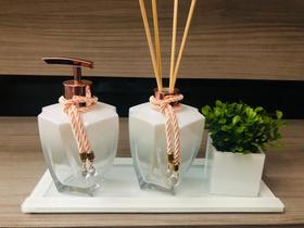 Kit Jogo Para Banheiro Porta Sabonete Rose Gold Branco Aroma Bandeja