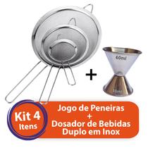 Kit Jogo Peneiras Aço Inox 8cm, 10cm e 12cm + Dosador Duplo 30ml / 60ml Inox - Total Shop Mix