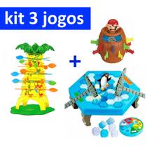 Kit Jogo Pinguim Quebra Gelo + Jogo Pula Macaco + Jogo Pula Pirata Barril