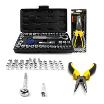 Kit Jogo Soquete 40 PÇS Alicate Bico Meia Cana 6Pol Titanium Platina