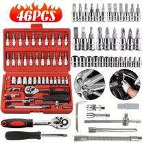 Kit Jogo Soquete Chave Catraca 46pçs Profissional Ferramentas Mecânica Automotiva Multiuso Oficina e Uso Domestico