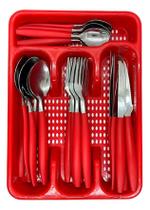 Kit Jogo Talheres Faqueiro Porta 25 Peças Cozinha Vermelho Inox
