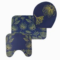 Kit Jogo Tapete Banheiro 3 Pçs Antiderrapante Emborrachado Tampa Vaso Floral Macio Decoração Azul