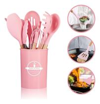 Kit Jogo Utensílios Colheres Silicone Madeira 12 Peças