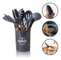 Kit Jogo Utensílios Colheres Silicone Madeira 12 Peças