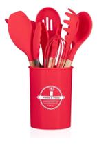 Kit Jogo Utensílios Colheres Silicone Madeira 12 Peças