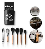 Kit Jogo Utensílios Colheres Silicone Madeira 7 Peças