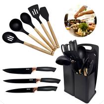 Kit Jogo Utensílios de Cozinha Luxo 19 Pçs c/ Tábua Espátula Faca Tesoura