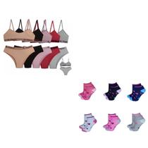 Kit Juvenil 6 Pares Meias + Conjunto 6 Calcinha E Sutiã Infantil Juvenil