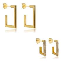Kit Kate - 2 Brincos Retangulares G liso + P cravejado Banhado em Ouro 18k