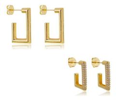 Kit Kate - 2 Brincos Retangulares M liso + P cravejado Banhado em Ouro 18k