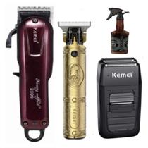 Kit Kemei 3 Maquinas Elétricas Potentes Corte Cabelo Acabamento Barba Barbeador Shaver Borrifador