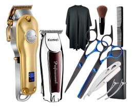 Kit Kemei Profissional Máquina de Corte Aparador Tesoura Pentes Barbeiro Completo