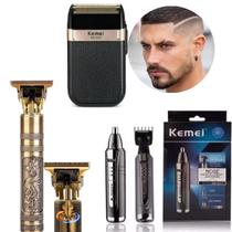 Kit Kemei Profissional Máquina de Corte + Barbeador + Aparador de Pelos de Nariz