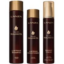 Kit Keratin Healing Oil Shampoo, Condicionador Lustrous e Defrizz Cream Lanza