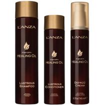 Kit Keratin Healing Oil Shampoo, Condicionador Lustrous e Defrizz Cream Lanza