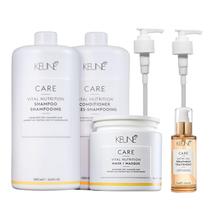 Kit Keune Care Vital Nutrition Shampoo 1L + Condicionador 1L + Máscara 500ml + Satin Oil 95ml + Válvulas Pump
