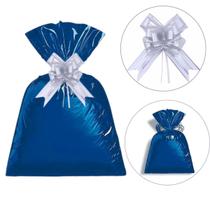 Kit laço luxo prata + saco para presente metalizado 35x54 para embalagem com 50 un cor:azul