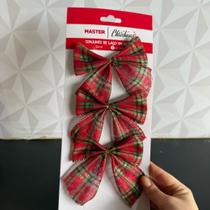 Kit laço xadrez vermelho e verde com 3 peças de tecido enfeite para árvore de natal lacinho
